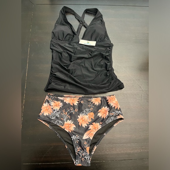 BEACHSISSI- Women’s Deep V Neck Black XL Tankini Tops Ruched Criss- Cross Back - Picture 7 of 9